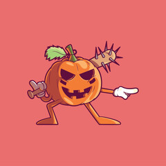 A Pumpkin character holding a baseball bat with nails vector illustration. Halloween, funny design concept.