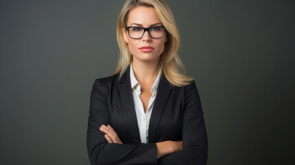 A stylish businesswoman in an elegant suit, looking confidently into the lens, personifies success and professionalism in business