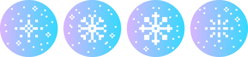 Pixel snowflake sticker set. Winter naive color element in pixel art. Mood of 90's aesthetics. 8 bit retro style vector illustration. Simple geometric shape for collage and poster. Gradient background