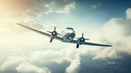 Obraz premium The propeller-driven motor plane soars gracefully in the blue sky, leaving behind a light trail of clouds, in complete harmony with nature