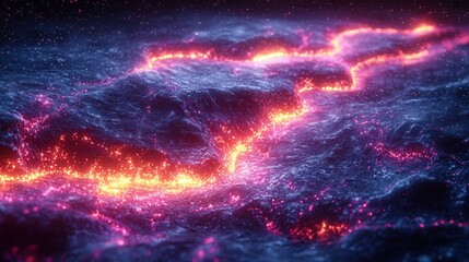A mesmerizing digital illustration of a lava flow with bright orange and pink glowing elements on a dark background, creating an abstract atmosphere.