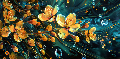 Painting of a flower with water droplets surrounding it. The painting has a serene and calming mood, with the water droplets adding a sense of movement and life to the flowers