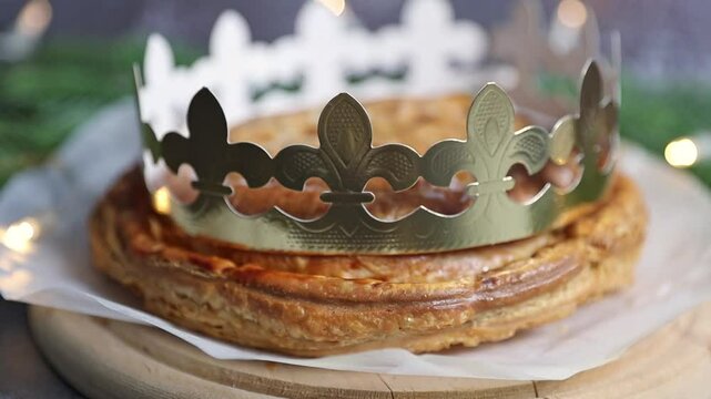 Gold crown on a royal galette on a gray background.