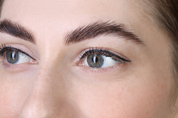 Woman after brow lamination procedure, closeup view