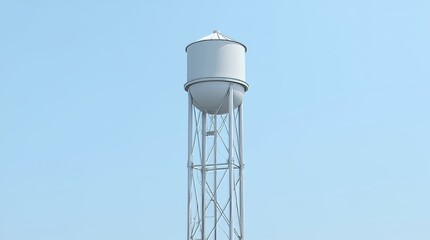 Water tower standing tall against a clear blue sky in a small rural town during midday