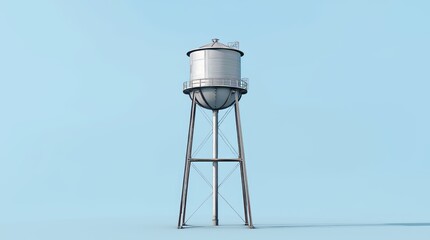 Water tower standing tall against a clear blue sky in a small rural town during midday