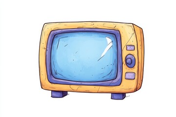 Vintage cartoon television with blue screen, isolated on white background.