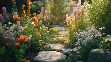 A peaceful garden filled with medicinal plants and flowers, showcasing their natural beauty