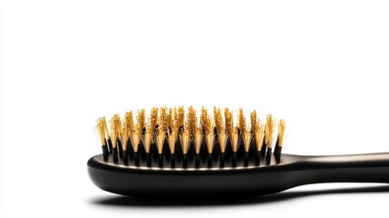 A sleek black hairbrush with gold bristles on a white isolated background.