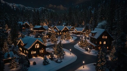 Fototapeta premium A serene, snowy village illuminated by warm lights, showcasing charming cabins nestled in a forest, creating a cozy winter atmosphere.