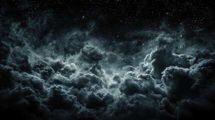 A dark and moody sky filled with swirling clouds and hints of stars, creating an atmospheric and dramatic celestial scene.