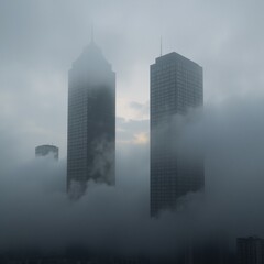 Misty cityscape with foggy atmosphere