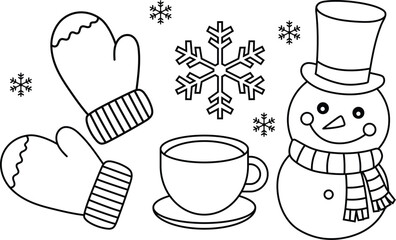 Stylized line drawing featuring a snowman, a cup of coffee, a pair of winter gloves, and a snowflake.