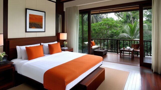Serene Tropical Getaway: Luxurious bedroom with stunning jungle view, Hotel room, orange pillows, earth tone theme