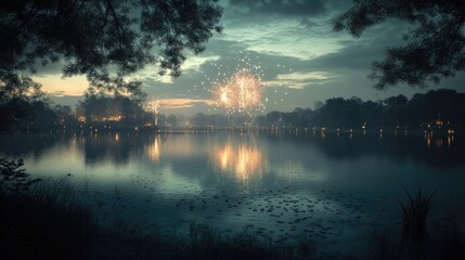A scenic view of a lake reflecting fireworks, creating a stunning visual of independence day celebrations