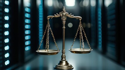 A polished scales of justice stands centered in a dimly lit room, surrounded by shelves of technology, symbolizing the balance between law and modernity.