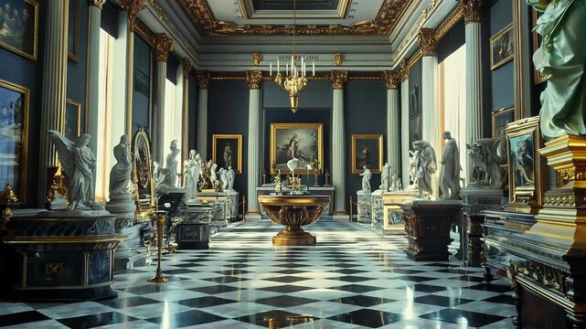 Elegant Museum Interior with Classical Statues and Paintings