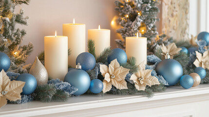 Blue and white holiday decorations on mantelpiece with soft golden light.

