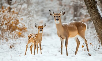 Fototapeta premium A deer and a fawn are standing in a snowy forest