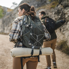 Back view of two backpackers hiking surrounded by nature