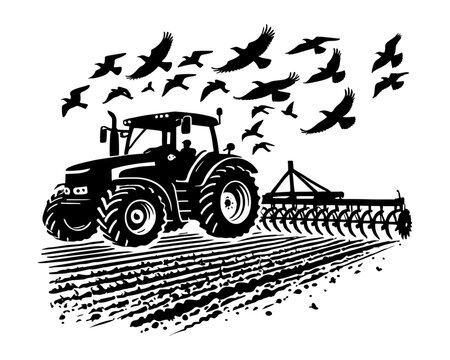 Black and white illustration of a tractor plowing a field with birds flying overhead, symbolizing farming and nature.