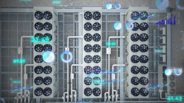 Top-down aerial of a data center with ventilators, digital graphs, and numbers animation, showcasing advanced technology and cooling systems. 3D graphic