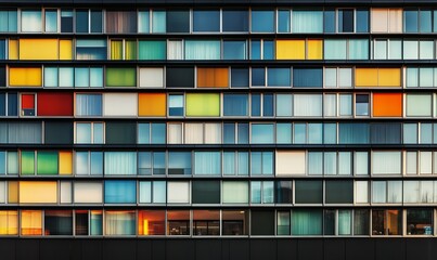 A detailed close-up of a contemporary urban building's glass panel facade, emphasizing the modern architectural design with clean lines, minimalism, and reflective surfaces