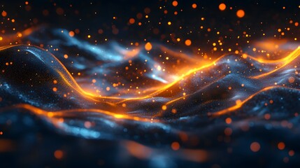 Obraz premium Digital background featuring orange and blue glowing particles on a dark gradient background, perfect for creating an otherworldly atmosphere