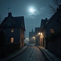 A moonlit village shrouded in mist at night