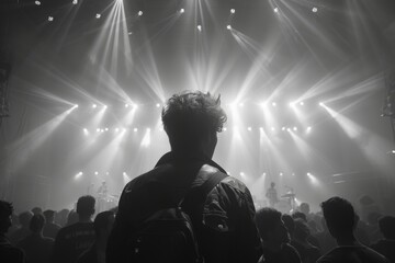 Vibrant summer music festival  concert crowd dancing under bright stage lights in celebration