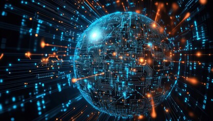 Abstract AI circuits connecting to a digital globe in a futuristic design
