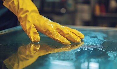 A person wearing a yellow glove is cleaning a glass surface