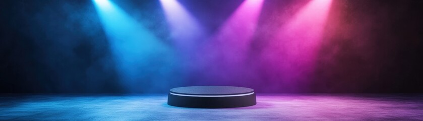 Empty stage with colorful spotlight lighting on a dark background.