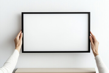 Close-up of woman's hands hanging a black blank frame on the white wall
