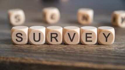A close-up of wooden blocks spelling "SURVEY," emphasizing the concept of gathering opinions or data.