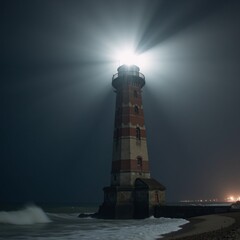 A lighthouse shines amidst foggy surrounds