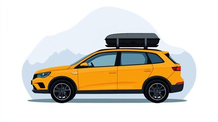 Obraz premium Adventure Awaits: A vibrant yellow SUV, ready for a mountain escapade, with a black roof box loaded with gear, promising an exciting journey. 