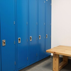 Blue metal lockers with wooden bench provide practical storage in locker area