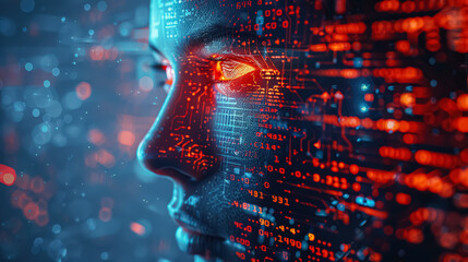 Computer generated face with a red eye and a blue background. The face is surrounded by a lot of numbers and lines, giving it a futuristic and technological feel