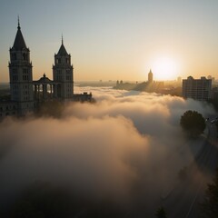 Fototapeta premium Foggy morning panoramic view of a city at dawn featuring rising sun through fog