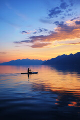 Solo kayaker paddles through golden reflections at sunset on still water.