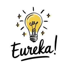 A cute hand-drawn illustration of a brightly lit light bulb with rays and cursive text 'eureka!'