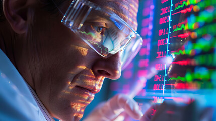 Close-up of a male scientist wearing protective glasses examining data on a digital screen with vibrant graphs. Concept of research, scientific analysis, data visualization, technology