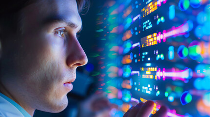 Focused Caucasian Man Analyzing DNA Data on a Vibrant Screen. Concept of Scientific Research, Genetic Technology, Modern Lab Innovation, data analysis, artificial intelligence, digital innovation