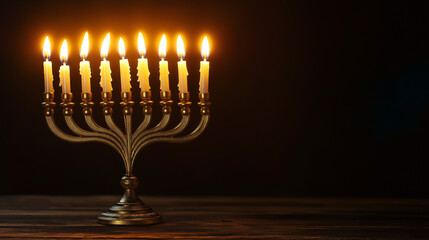 Menorah with all candles lit on wooden table, warm glow in dark background.

