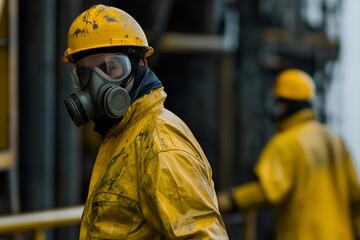 Fototapeta premium Two Men in Full PPE, Working in Oil and Gas, Yellow Coverall, Safety Helmet, Safety Glasses, Candid Photo