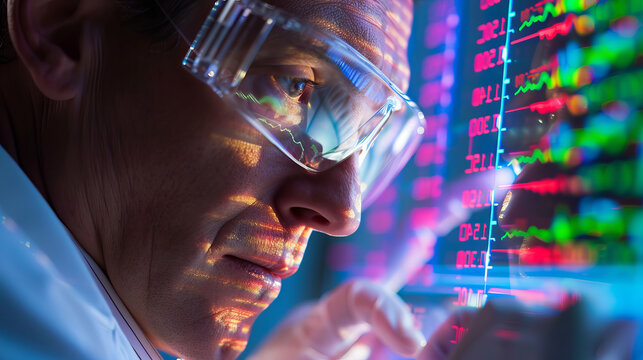 Close-up of a male scientist wearing protective glasses examining data on a digital screen with vibrant graphs. Concept of research, scientific analysis, data visualization, technology - Powered by Adobe