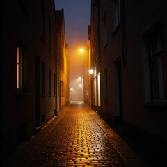 Fototapeta premium A nighttime scene of an old town street featuring fog and warm lights set in historic Bruges Belgium