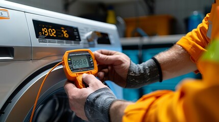 Caucasian technician using multimeter to test washing machine functionality in workshop. concept of appliance repair, electrical maintenance, troubleshooting