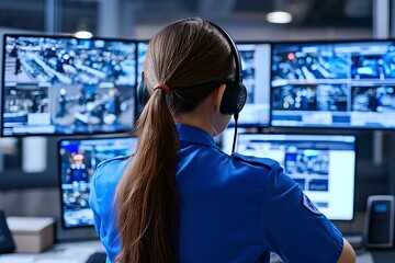 A Female Security Guard at a High-tech Corporate Building, Monitoring Security Systems on Multiple Screens